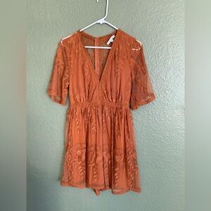 Women's Lace Embroidered V-Neck Dress - Rust